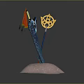 Vibrant Ancient Weapons With Colorful Flags On Pink Sparkling Display Base