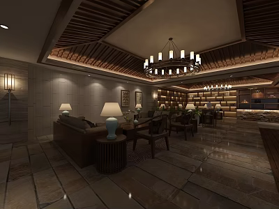 Elegant Clubhouse Interior With Wooden Ceiling Chandelier Stone Walls Sofas And Tea Tables 3d model