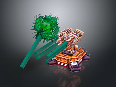 Green Plant Like Structure With Orange Red Multi Layered Buildings Dark Background Reflective Landscape 3d model