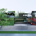 Modern Container Building With Red Black Modules Glass Windows Staircase And Greenery 3d model