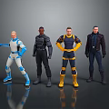 Four Game Movie Characters Posing In Futuristic Action Costumes With Various Colors