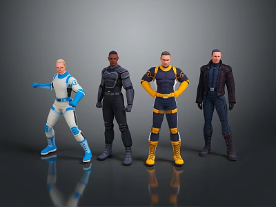 Four Game Movie Characters Posing In Futuristic Action Costumes With Various Colors 3d model