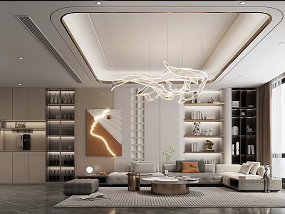 Elegant Modern Living Dining Room Interior With Chandelier Sofa Coffee Table And Bookshelves 3d model