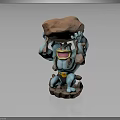 Muscular Blue Creature Character Standing Holding Large Rock Above Head On Wooden Base