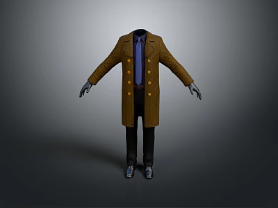 Brown Long Double Breasted Coat Display with Blue Shirt Tie Black Pants and Shoes 3d model