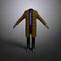 Brown Long Double Breasted Coat Display with Blue Shirt Tie Black Pants and Shoes