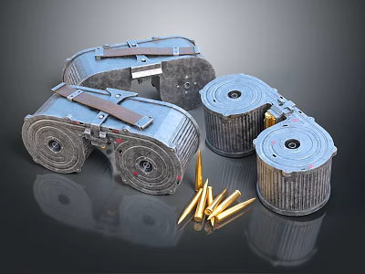 Tactical Weapon Ammunition Drums With Metallic Belt Straps And Brass Bullets 3d model