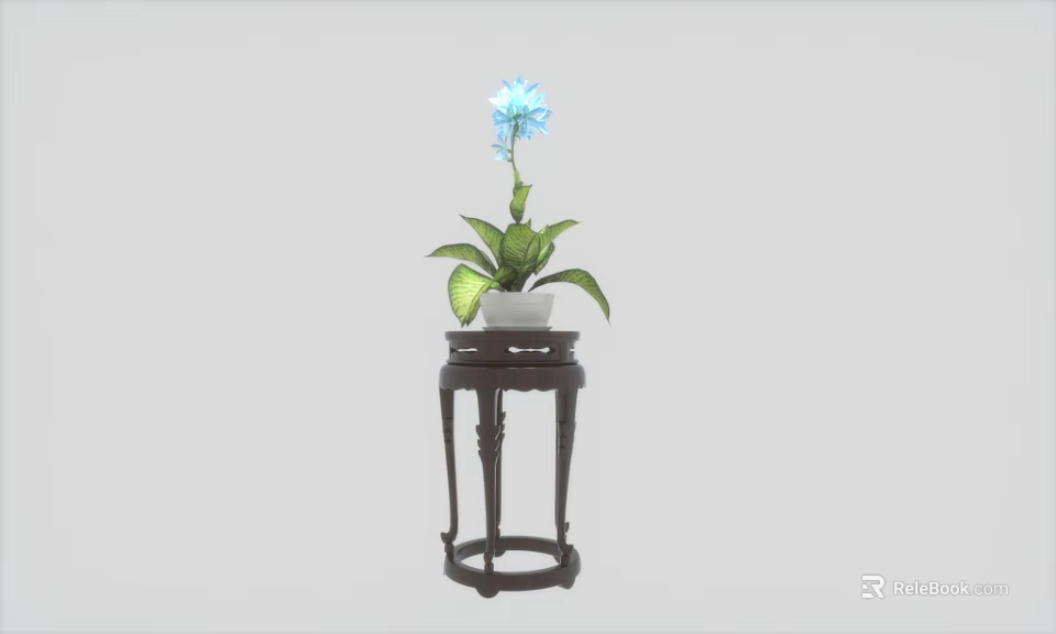 Dark Wooden Plant Stand With White Pot Green Leaves And Blue Flower 3d model 