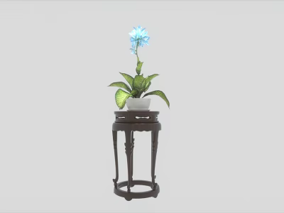 Dark Wooden Plant Stand With White Pot Green Leaves And Blue Flower 3d model