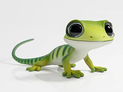 Cute Green Reptile Lizard With Large Black Eyes Green Stripes And White Belly Standing Pose 3d model