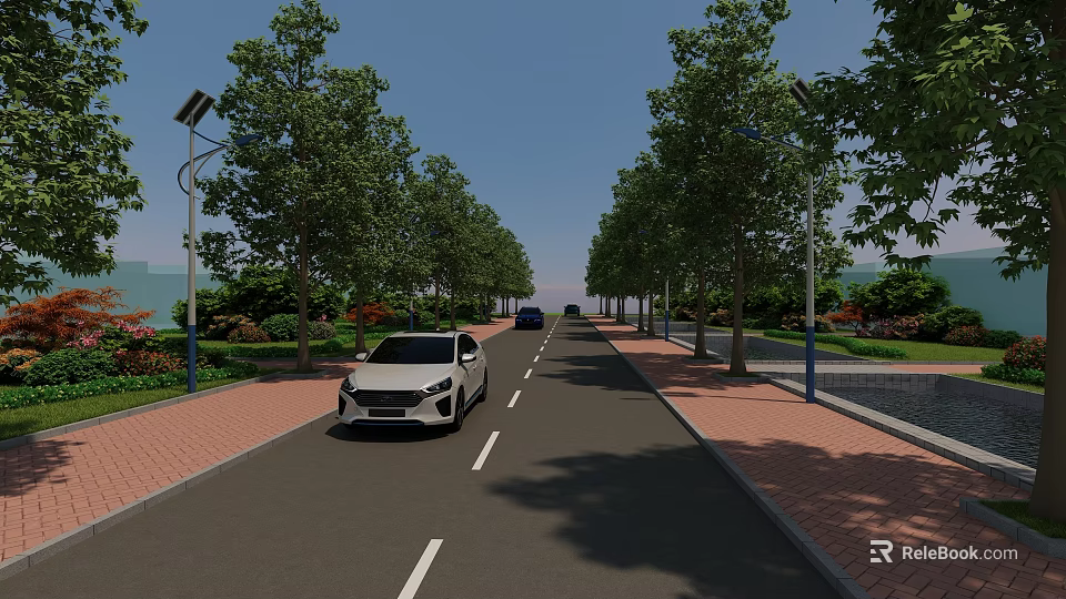 Municipal Road With Lined Trees Street Lamps Sidewalks And Vehicles 3d model 
