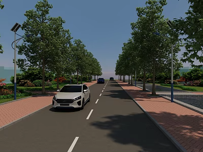 Municipal Road With Lined Trees Street Lamps Sidewalks And Vehicles 3d model