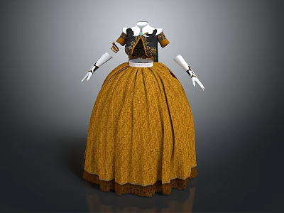 Elegant Yellow Patterned Long Dress With Black Bodice And Short Sleeves 3d model