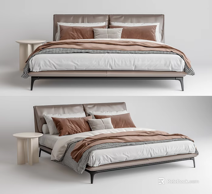 Modern Double Bed Interior With Brown White Pillows Striped Bedspread And Side Table 3d model 
