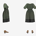 Elegant Green Dress With Short Sleeves And Black Hem Paired With Brown Shoes