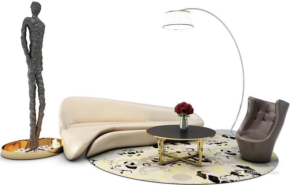 Beige Sofa And Black Coffee Table Set With Red Flowers Floor Lamp And Patterned Rug 3d model 