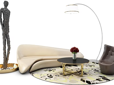 Beige Sofa And Black Coffee Table Set With Red Flowers Floor Lamp And Patterned Rug 3d model