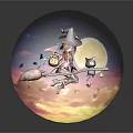 Witch Flying On Broom With Black Cat And Halloween Pumpkin Under Full Moon Night Sky