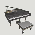 Black Grand Piano With Carved Design And Wooden Stool For Musical Instrument Art Supplies