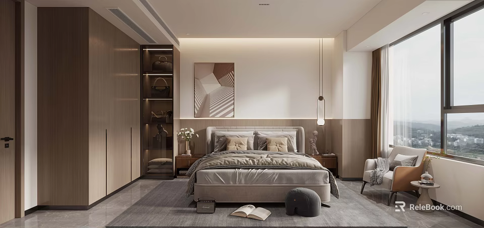 Modern Cozy Bedroom Interior With Comfortable Bed Nightstands And Wall Artwork 3d model