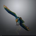 Colorful Parrot with Spread Wings and Vibrant Blue Green Yellow Red Feathers on Gray Background