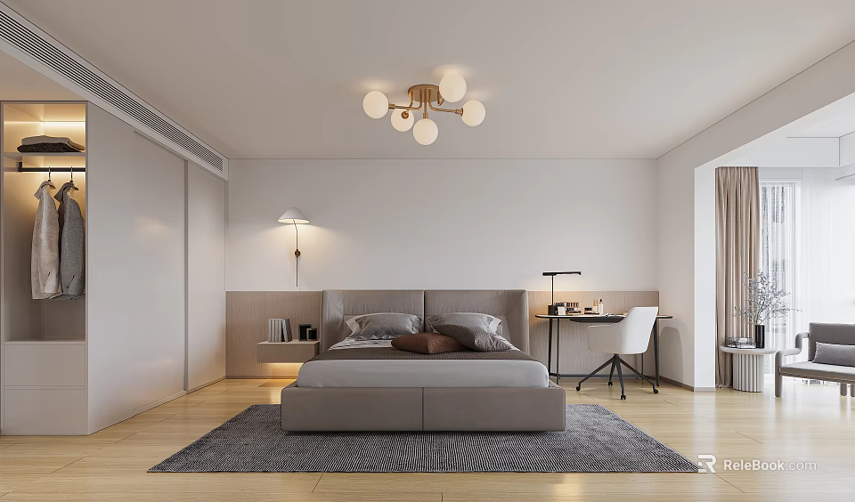 Modern Bedroom Interior With Gray Bed Pillows Cushion Chandelier Rug Wooden Floor And Desk Chair 3d model 