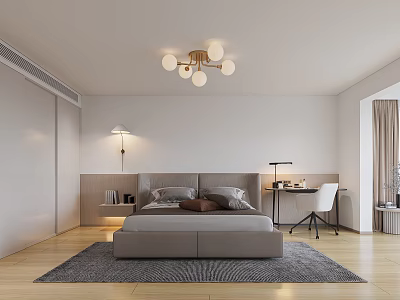 Modern Bedroom Interior With Gray Bed Pillows Cushion Chandelier Rug Wooden Floor And Desk Chair 3d model