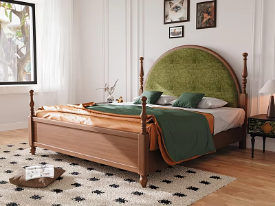 Double Bed with Green Headboard Wooden Frame and Orange Green Quilt in Bright Bedroom 3d model