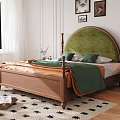 Double Bed with Green Headboard Wooden Frame and Orange Green Quilt in Bright Bedroom