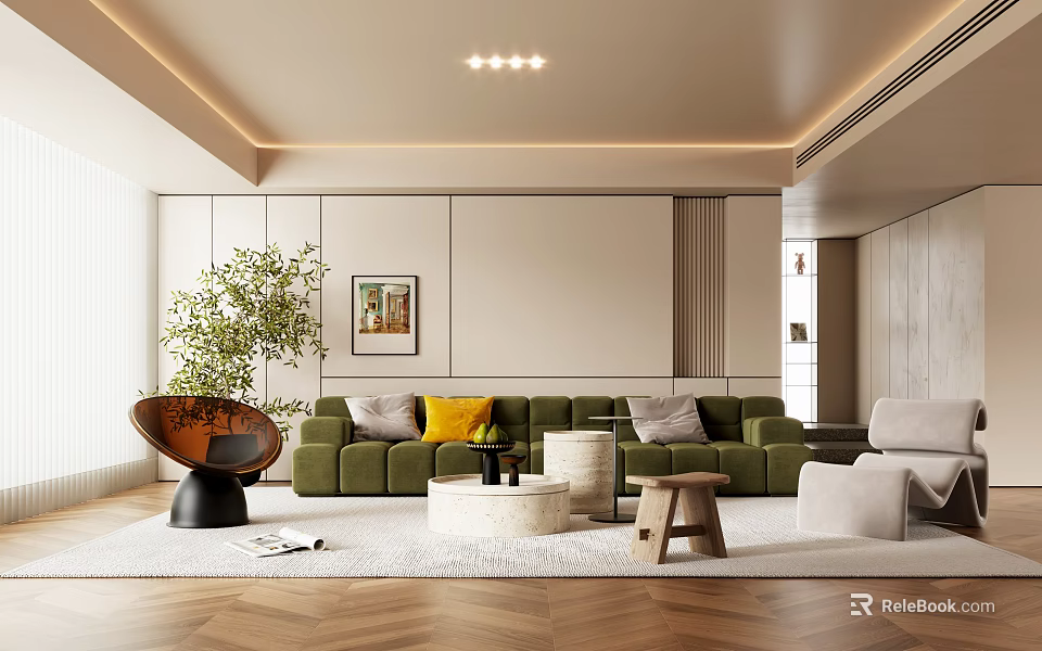 Modern Living Room Interior Design With Green Sofa Yellow And Gray Pillows Herringbone Wooden Floors 3d model 