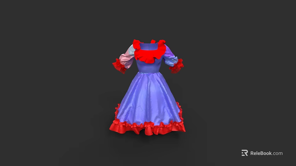Purple Princess Dress Featuring Red Ruffled Collar Pink Red Puff Sleeves And Hem 3d model 