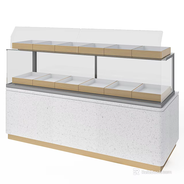 Two Tier Showcase Shelf With Clear Glass Cover Divided Trays White Textured Cabinet Golden Border 3d model 