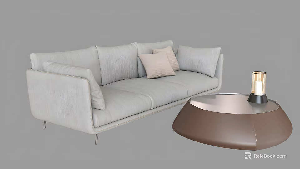 Modern Light Gray Fabric Sofa With Pink Cushions And Brown Round Coffee Table Set 3d model