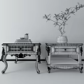Pair of Classic White Side Tables With Wooden Tops Carved Legs And Potted Plant