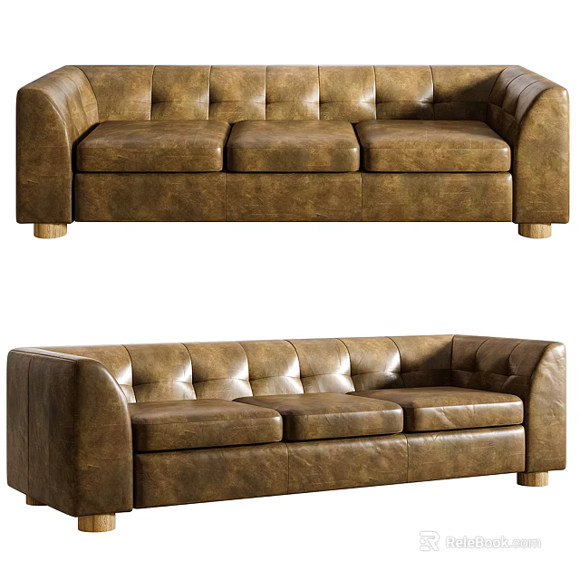 Brown Leather Multi Seater Sofa With Tufted Design And Wooden Legs Modern Style 3d model 