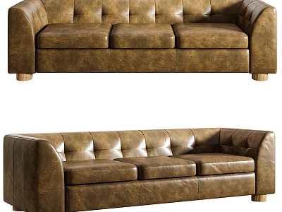 Brown Leather Multi Seater Sofa With Tufted Design And Wooden Legs Modern Style 3d model