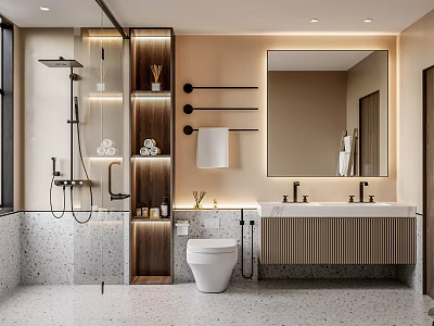 Modern Bathroom Interior With Open Shelves Double Sink Vanity Large Mirror Stone Tiles Shower Area 3d model