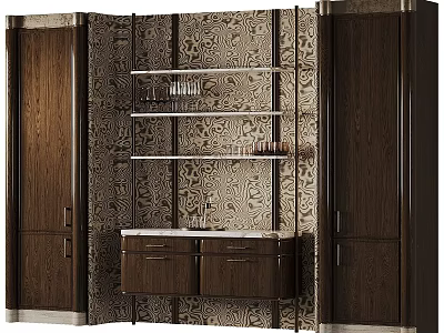 Elegant Dark Wood Sideboard With Open Shelves Tall Cabinets And Patterned Backdrop 3d model