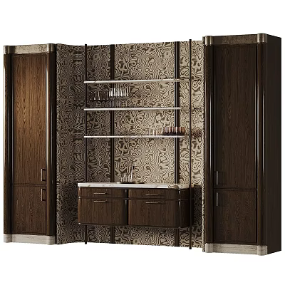 Elegant Dark Wood Sideboard With Open Shelves Tall Cabinets And Patterned Backdrop 3d model