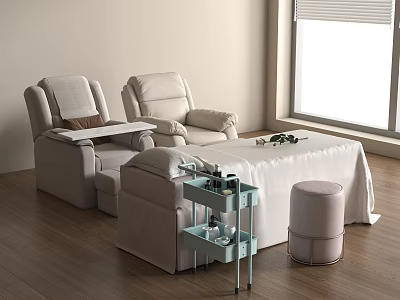 Beige Massage Chairs In Modern Indoor Setting With Wooden Floor And Window Blinds 3d model