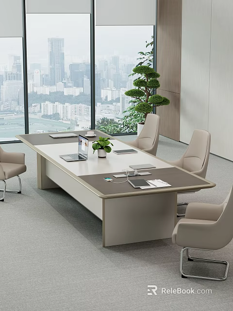 Modern Conference Table with Comfortable Chairs Notebooks Potted Plant and City View Through Large Windows 3d model 