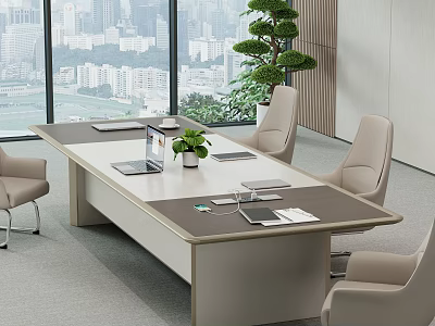 Modern Conference Table with Comfortable Chairs Notebooks Potted Plant and City View Through Large Windows 3d model