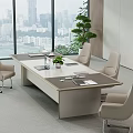 Modern Conference Table with Comfortable Chairs Notebooks Potted Plant and City View Through Large Windows