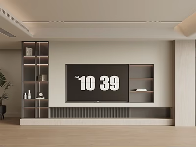Modern Living and Dining Room Interior With TV Wall And Storage Shelves 3d model