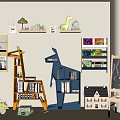 Giraffe Shaped Bookcases in Kids Room with Colorful Books Dinosaur Decor and Toys