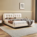 Double Bed With White Upholstered Headboard Plaid Blanket Beige Brown Pillows And White Nightstands