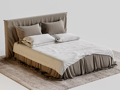Upholstered Double Bed With Gray Headboard Gray White Pillows Light Quilt And Rug 3d model