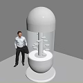 Large Transparent Capsule Structure With White Base Measurement Scale And Man Standing Beside 3d model