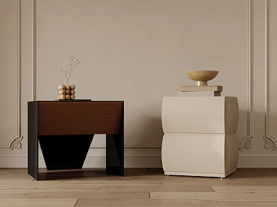 Modern Bedside Tables With Wooden Black Frame And Cream Geometric Design Featuring Books Golden Bowl 3d model