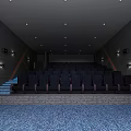 Modern Cinema Interior With Neatly Arranged Red Seats White Linear Lights And Ceiling Recessed Lights